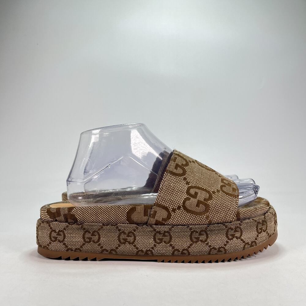 Gucci GG Beige Brown Open Toe Platform Slide Sandals Women's Size US 8.5 EU 39